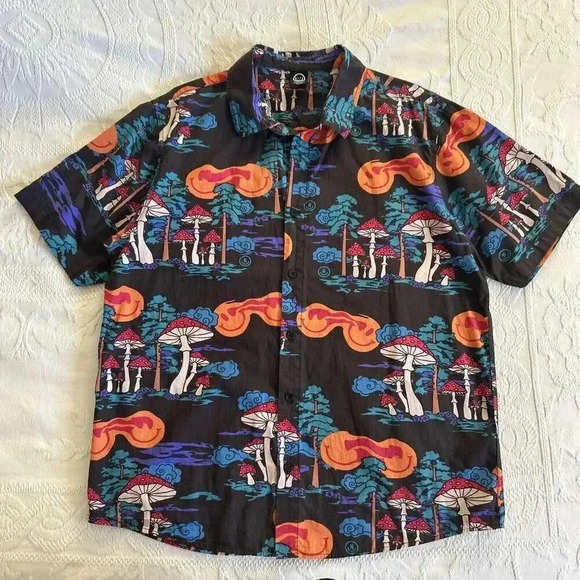NEFF Button Down Shirt Mushroom Psychedelic Trippy Hippy Smiley Face Men's Med - Picture 1 of 9